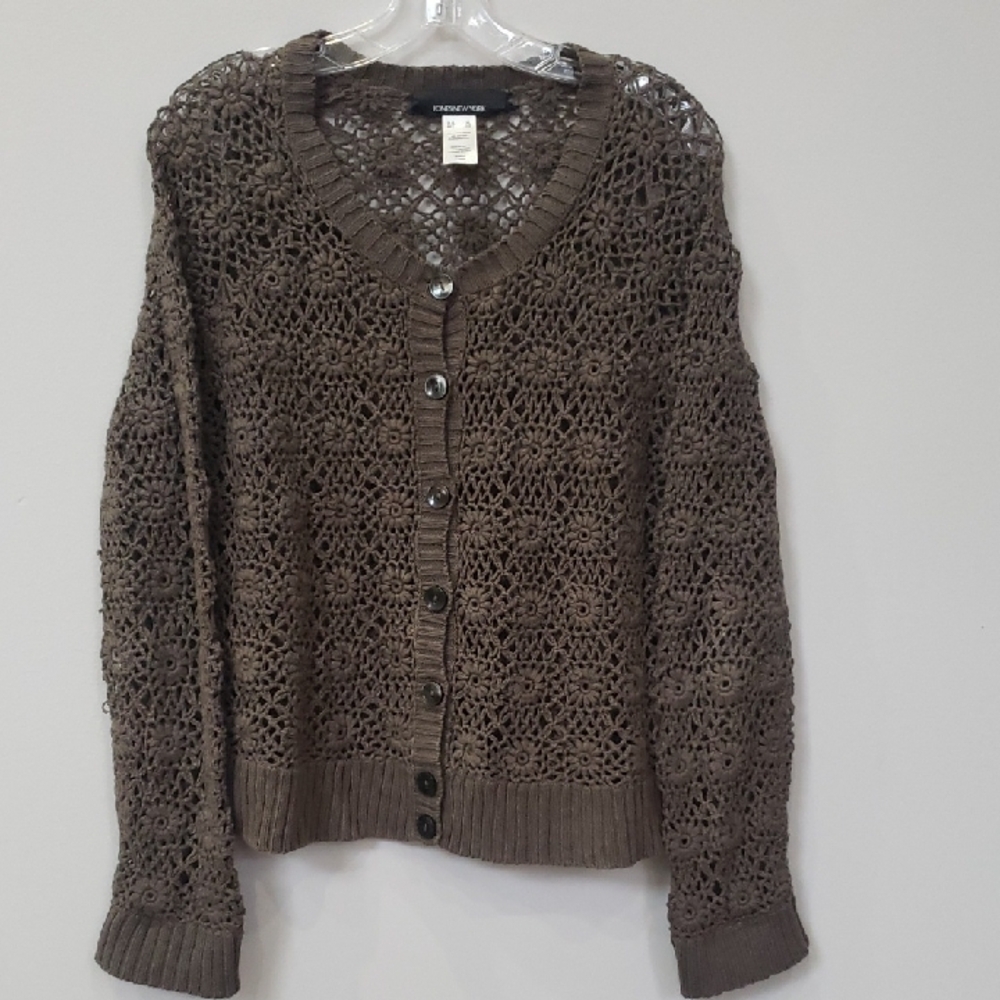 Jones New York Crochet Open Stitch Brown Cardigan
